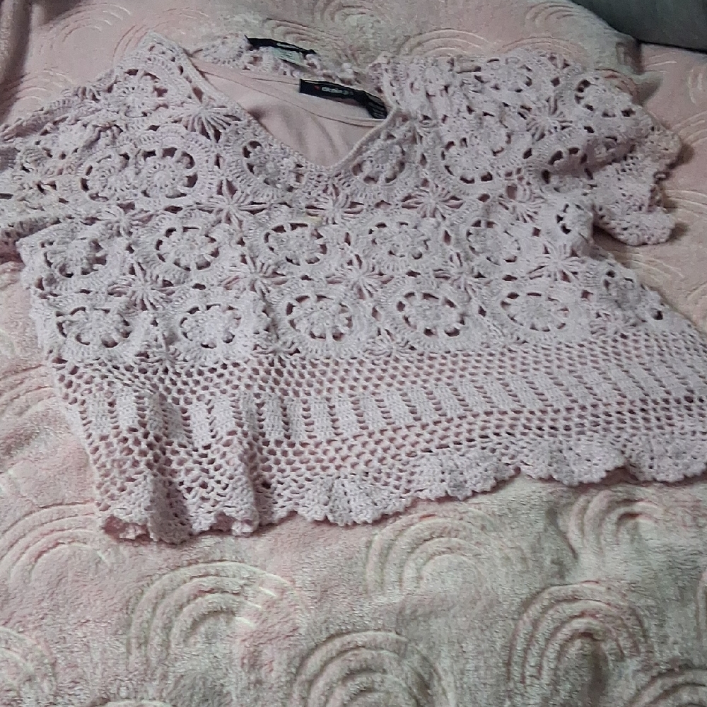 Denim 24/7 Light Pink Crochet Crop Top
